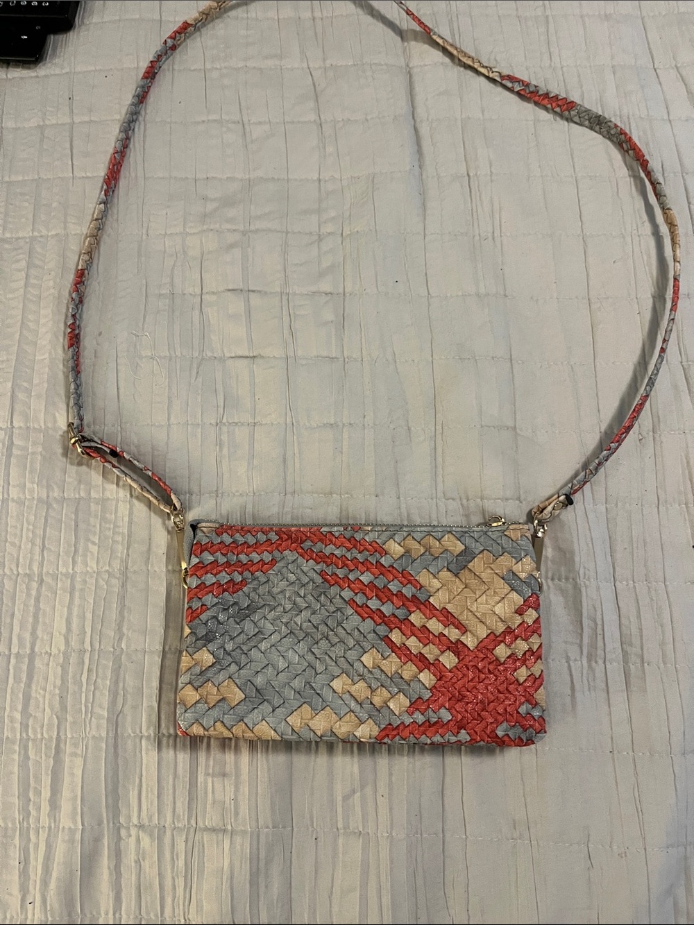 Woven Multicolor Crossbody Bag — Coral, Gray & Cream